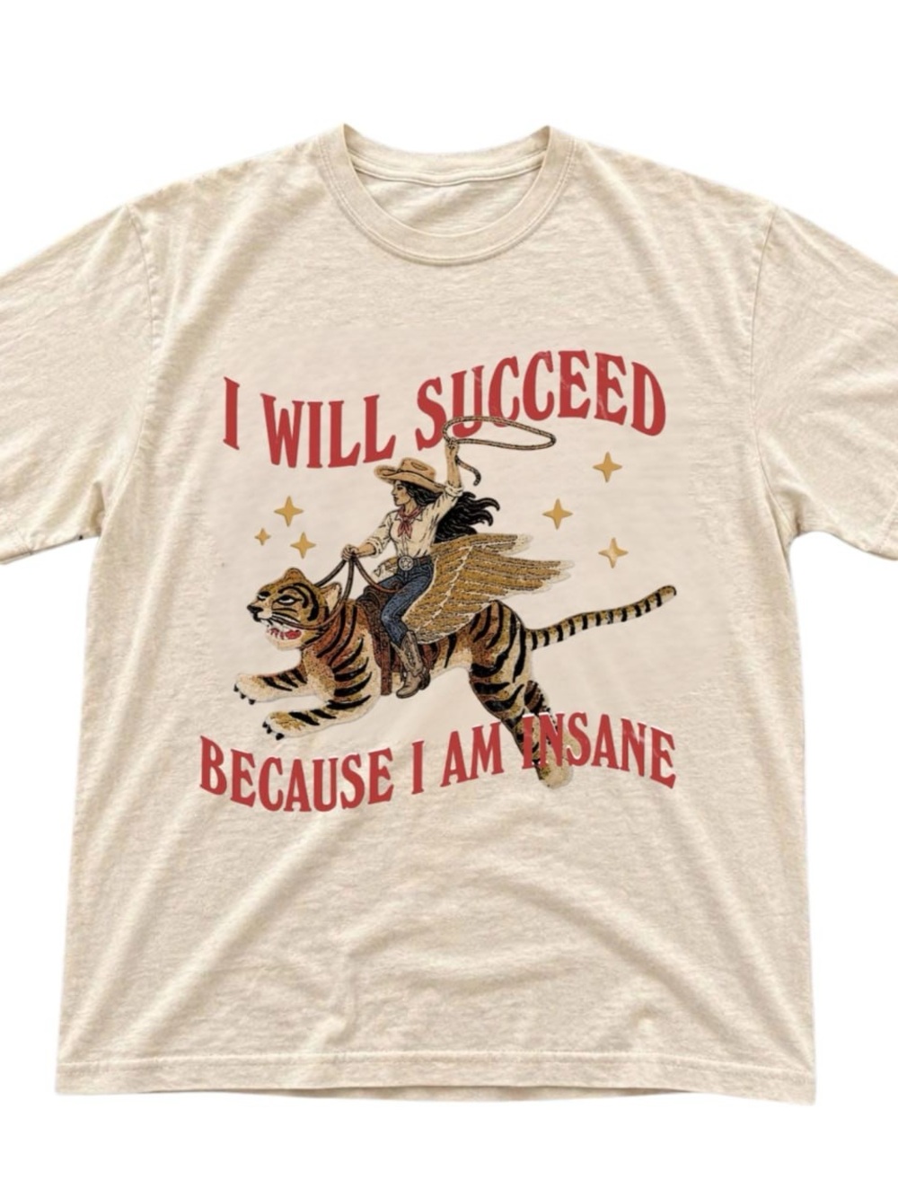 Cream Graphic Tee with Red Text and Multicolor Illustration